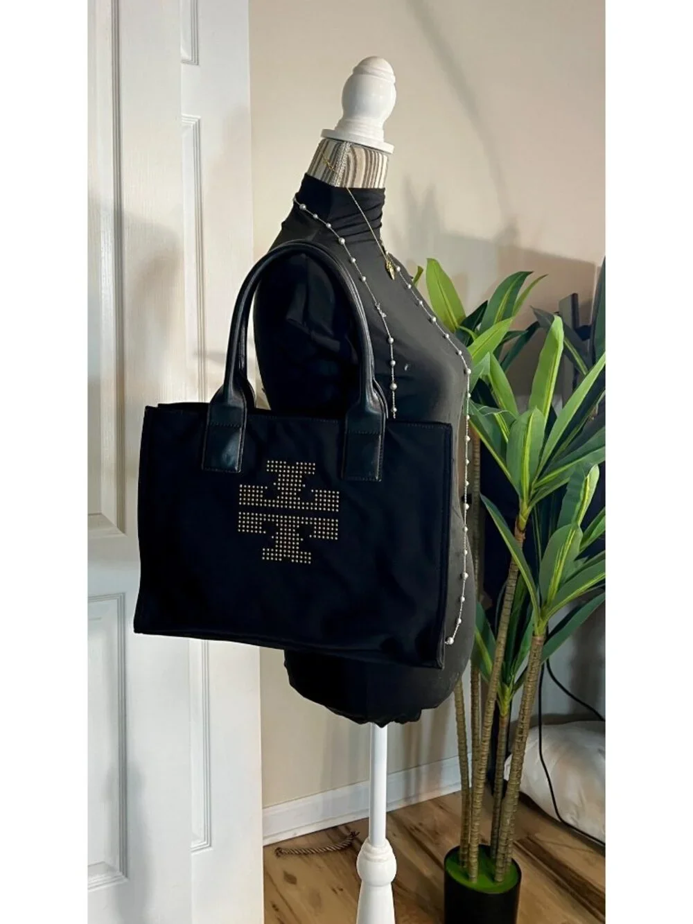***Tory Burch Black Nylon Tote Bag With Leather Handles & Studded Logo
